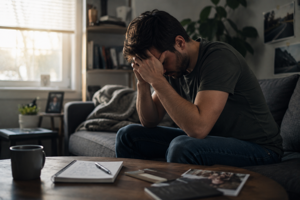 Man sitting on a couch with his head in his hands, reflecting the emotional weight of PTSD, anxiety, and unresolved trauma.