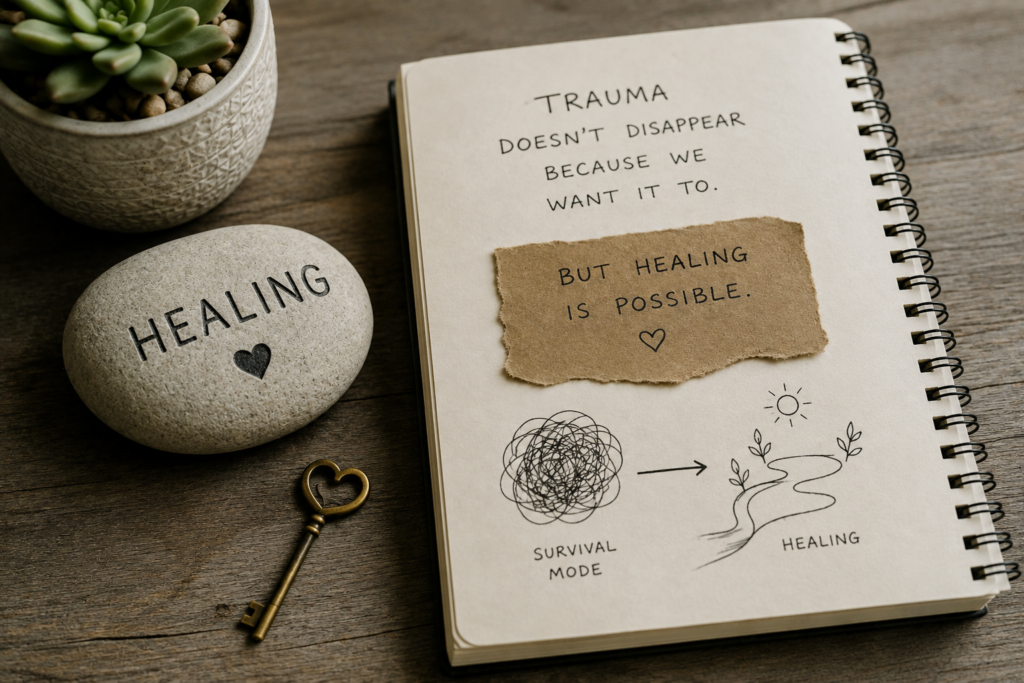 journal with affirming messages reminding trauma survivors that healing is possible, surrounded by calming self-care items.